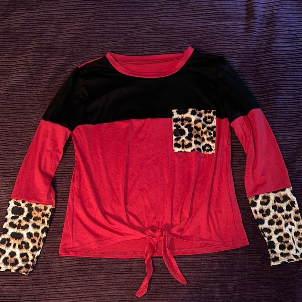 Leopard Accent Long Sleeve Shirt - Red and Black - Picture 1 of 3